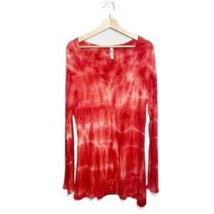 Pink Lotus Red Tie Dye Scoop Neck Long Sleeve Tunic T-Shirt